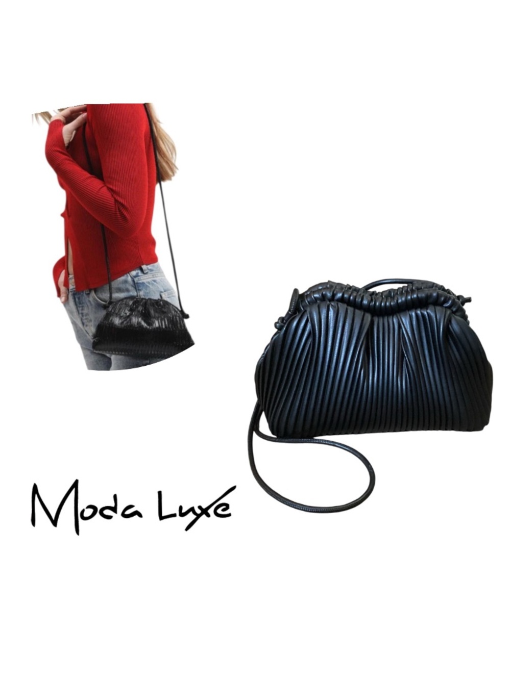 Moda Luxe Black Pleated Mini Cloud Clutch/Crossbody